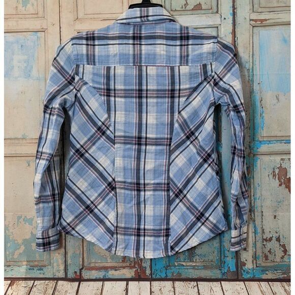 Style & Co. Womens XS Blue White Plaid Pearl Snap Roll Tab Sleeves Western Shirt - Picture 2 of 7